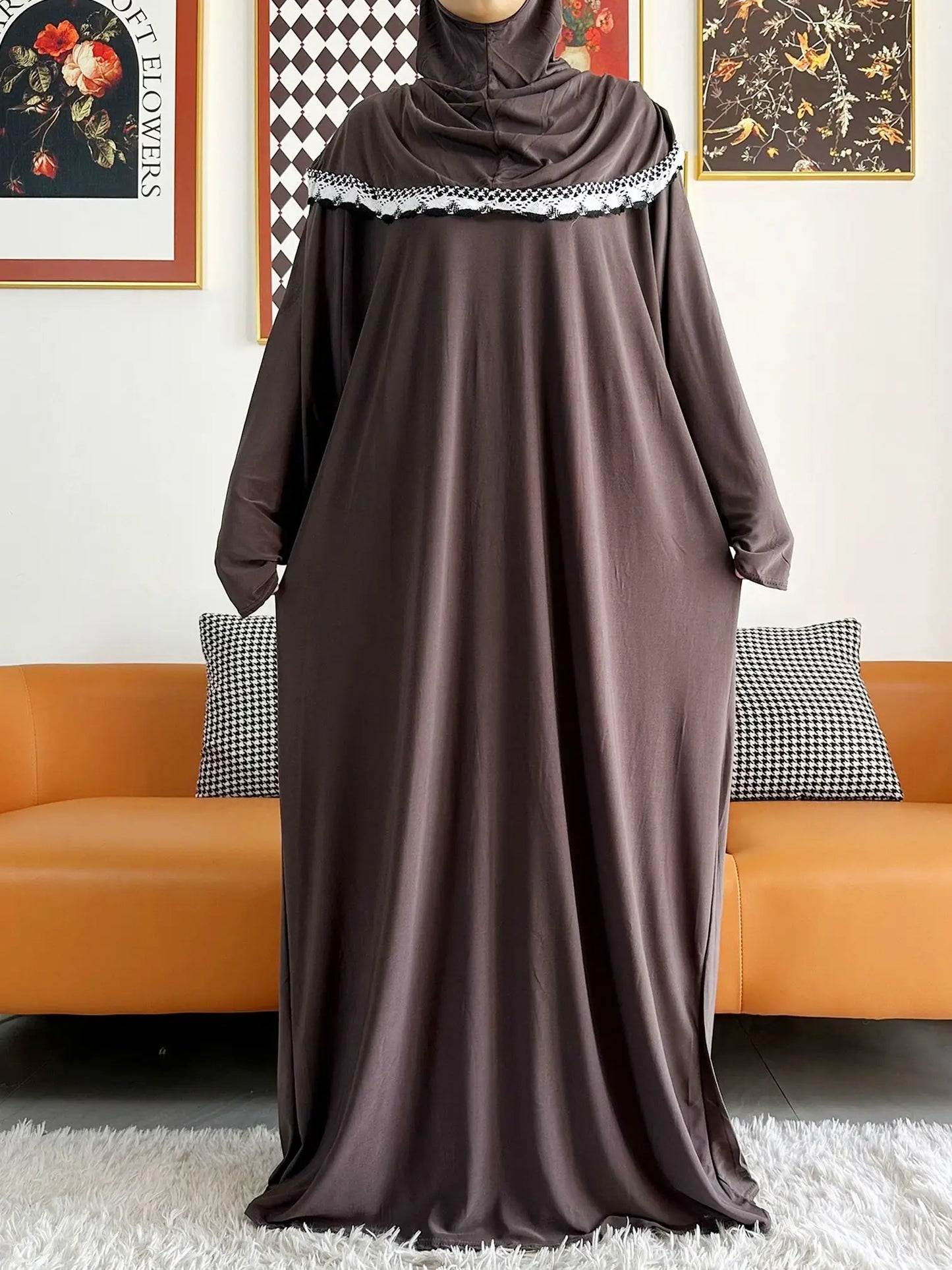 2023 Muslim Solid Cotton Abaya For Women Ramadan Prayer Garment Joint Hat Dubai Turkey Middle East Femme Robe Floral Loose Dress.