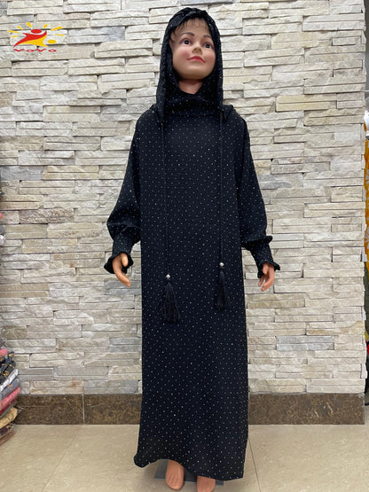 Kids Cotton Islamic Dress Full Cover Robe for Muslim Girls with Two-Hat Turkey Diamond Abaya New Eid Ramadan Prayer Garment.