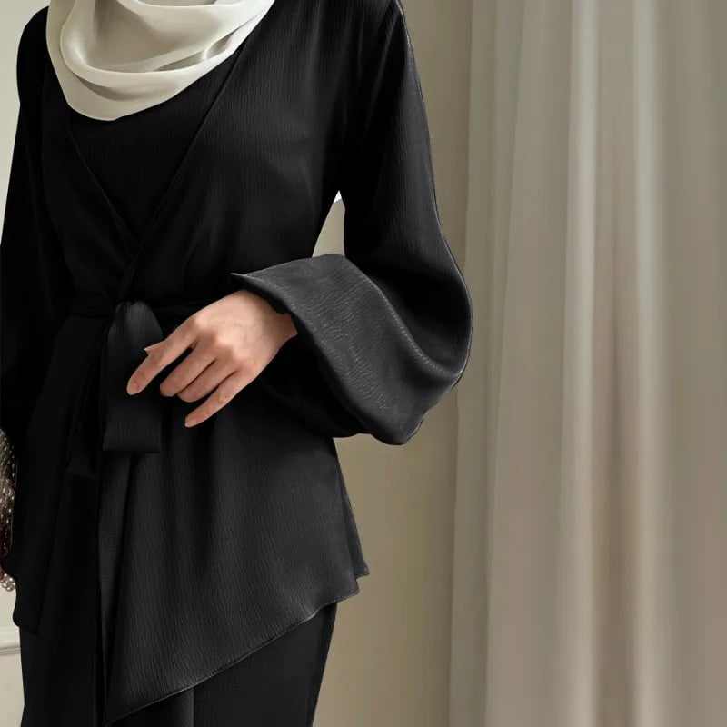 2-teiliges Saudi-Arabien muslimisches Damen-Abaya-Kleid aus Satin für Damen, Islam, Dubai, Urlaub, bescheidene Kleidung, 2024, elegante türkische Robe