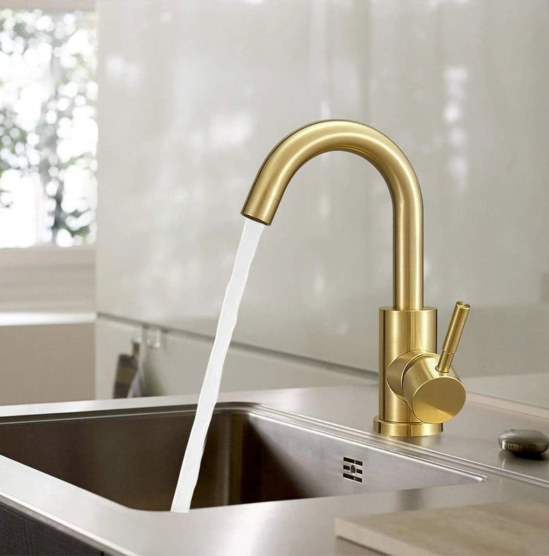 Stainless Steel Golden Basin Faucet Hot And Cold Countertop Basin European Style Bathroom Brushed Gold Small Curved Faucet