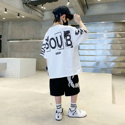 Boys Summer Trendy Casual Sports 2pcs T-shirts+Pants Suits 3-14 Years Teenage Boys Hip Hop Style Fashion Outfits Clothes Sets.