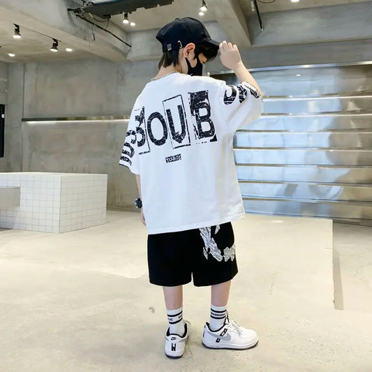 Boys Summer Trendy Casual Sports 2pcs T-shirts+Pants Suits 3-14 Years Teenage Boys Hip Hop Style Fashion Outfits Clothes Sets.