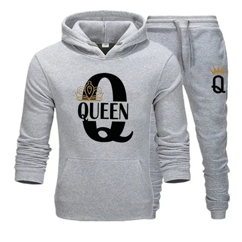 2024 New Autumn and Winter Men's and Women's Sweater Set KING QUEEN Loose Relaxed Hooded Print Couple Set.