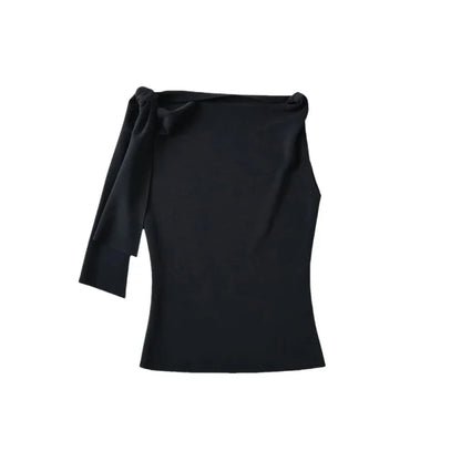 Women Sleek Stretch Knotted Top Fuchsia SLEEVELESS WITH BOAT NECK  ONE-SHOULDER TIE.