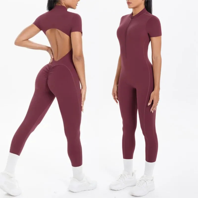 New Women's Yoga Jumpsuit Front Zipper Tight Back Hollow Out Short Sleeve-pants Activewear for Fitness Running Gym Workout.