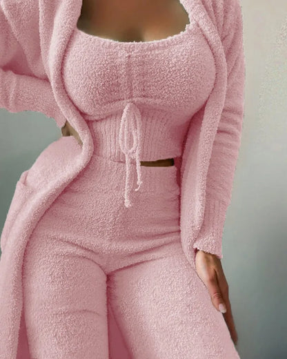 Women's Winter New Fashion Plush Pajamas Three-piece Set，Halter Short Top+high-waisted Straight-leg Pants+long Cardigan Jacket.