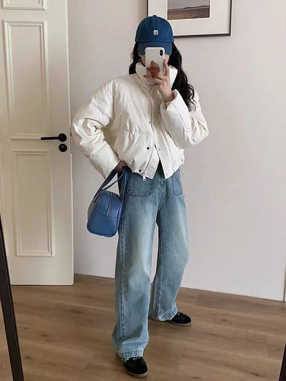 Winter Warme Dicke Parkas Frauen Neue Mode Lose Ernte Jacke Weibliche Schwarz Baumwolle Gepolsterte PU Leder Elegante Zipper Mantel Y2K Tops.