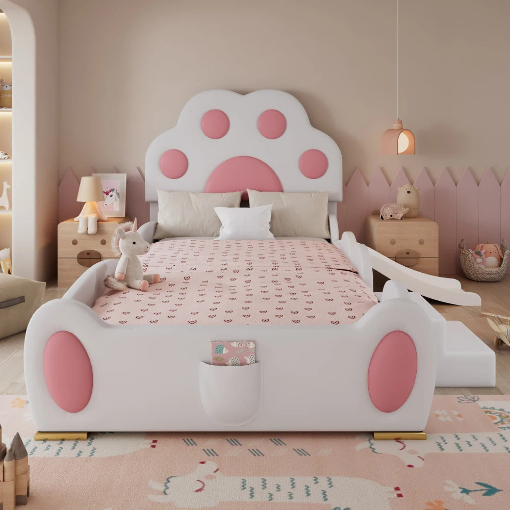 Cartoon süßes rosa Prinzessinnenbett, gepolstertes Bett, 90 x 200 cm, mit Kinderrutsche und zweistufiger Leiter, für Mädchenschlafzimmer