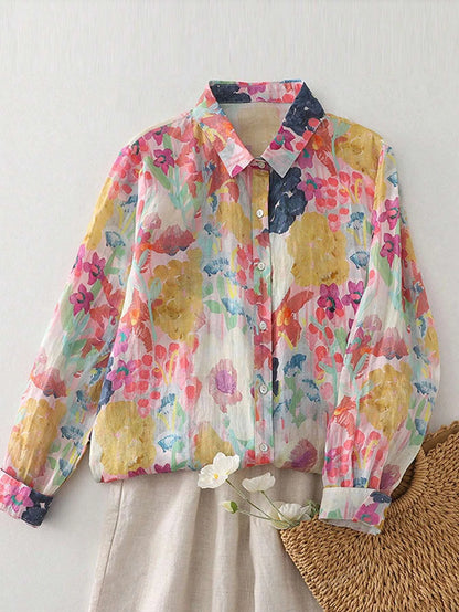 Ladies long sleeve shirt new style floral pattern shirt French style simple daily button casual women's top.