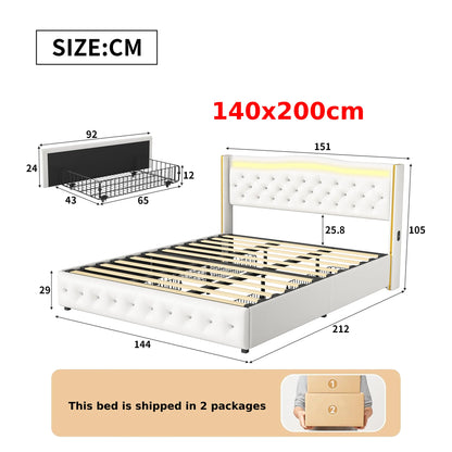 Anajqaqia gepolsterter Doppelbettrahmen 140 x 200 cm, 160 x 200 cm, mit Licht und Aufladung, weißes PU, ohne Matratze