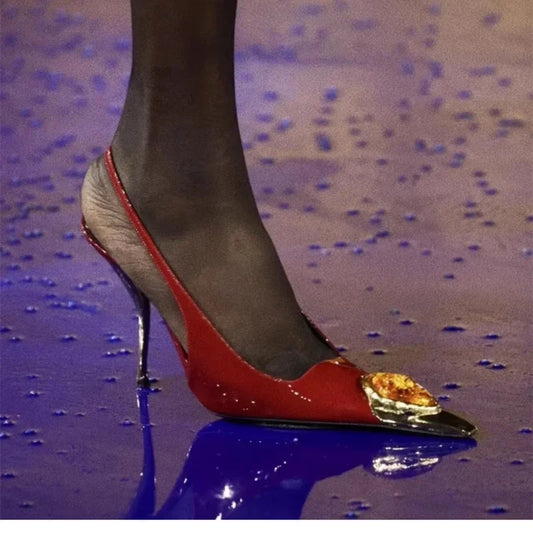 Iron Head Fashion Heterosexual Red High Heels Fox Head Jewel Decoration New Plus Size Banquet Shoes Women's High Heel Sandals.