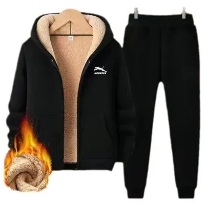 Men's Casual Thickened Fleece Lined Loose Fit Hoodie And Cardigan Set Warm Autumn Winter Clothing Sheepskin Velvet Outerwear.