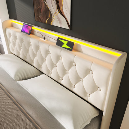 KOMHTOM Hydraulisches Lagerbett Weiß PU - 360-Surround-LED-Funktion, mit USB Typ-C Ladefunktion, ohne Matratze