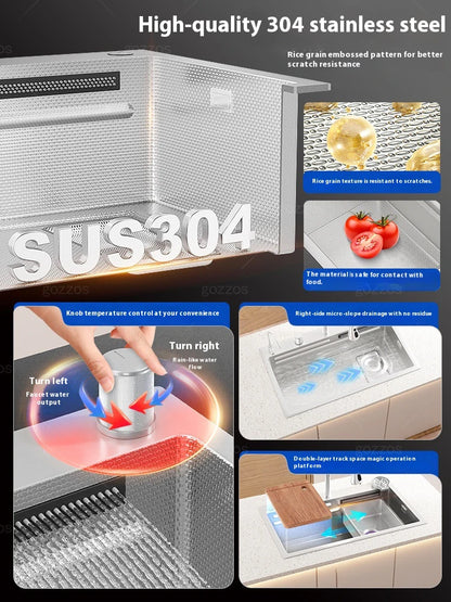 Stainless Steel Waterfall Kitchen Sink Multifunctional Scratch Resistant Wash Vegetables Basin Household Large Single Slot