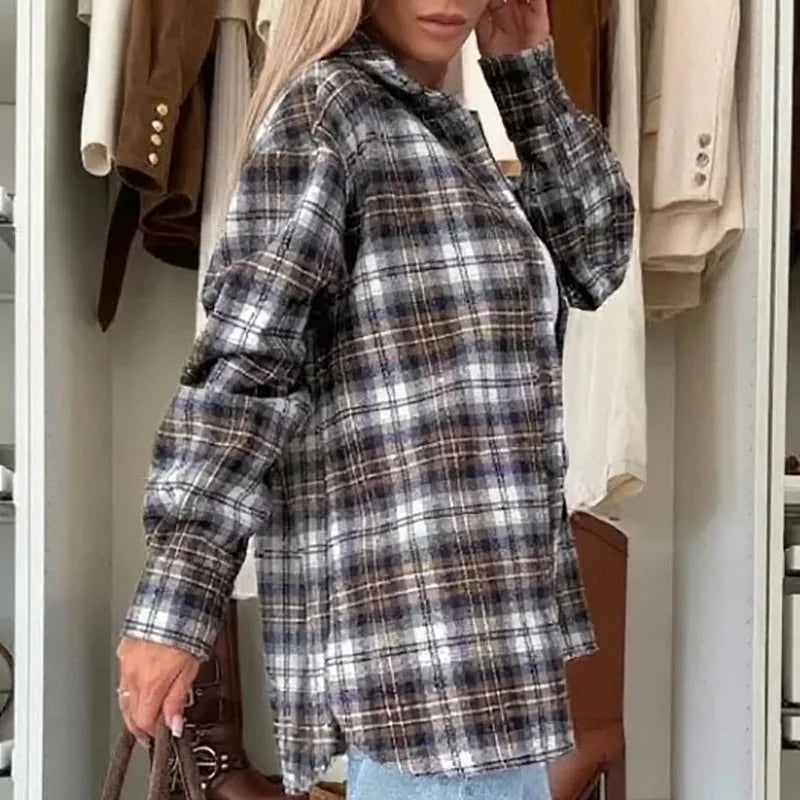 Women Elegant Checkered Print Office Shirt Spring Autumn Turn-down Collar Button Blouses Casual Long Sleeve Street Top Cardigans.