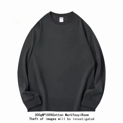 Spring Autumn 300g Heavy-duty Pure Cotton Long Sleeved  T-shirt FLoose White Top Thick Base Layer Underneath for Men and Women.
