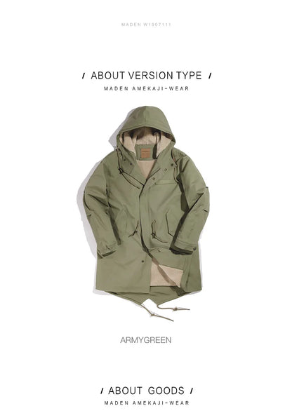 Maden Men's Thick Hooded M-51 Fishtail Cotton Coat Plus Velvet Parka Jacket Green Windbreaker Winter Autumn Men Trench Coat.