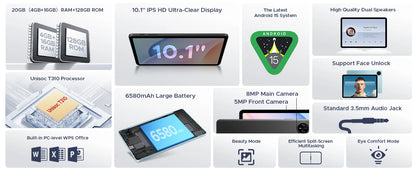 DOOGEE Tab A9 Pro Tablet 10.1" HD Display Android 15 20GB(4+16) 128GB 6580mAh Large Battery Dual Speakers Pad PC 2 In 1 Tablet.