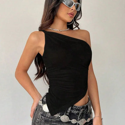 2025 New Fashionable Casual Women's T-Shirt Solid Color Single Shoulder Asymmetrical Slim Fit Top One-Piece Neck.