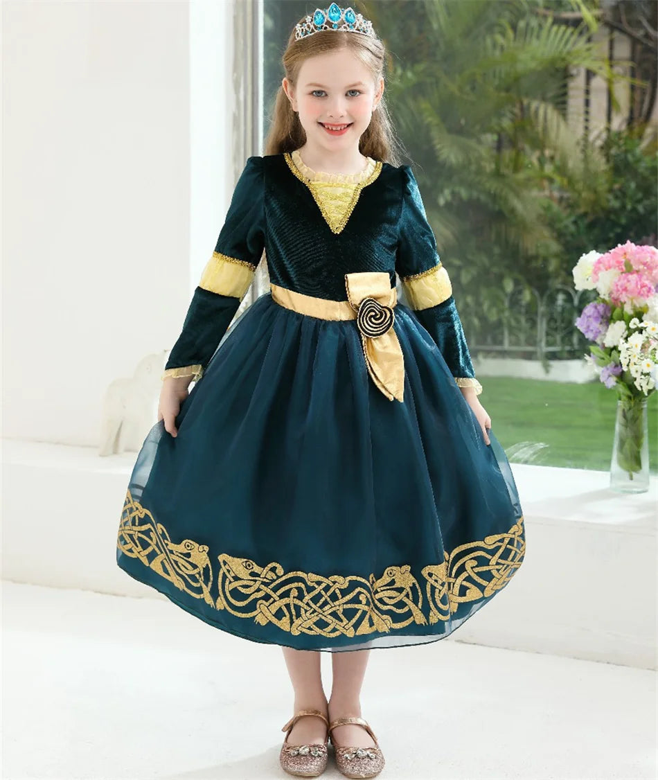 Girls Merida Cosplay Princess Dress Children Stage Performance Clothes Kids Halloween Carnival Party Long Sleeves Outfits.