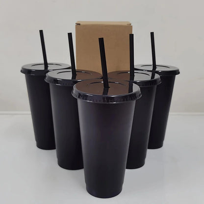 5pcs 24oz Transparent Reusable Tumblers With Black Lids and Straws Iced Coffee Water Bottle Cold Smoothie Cups For Parties Drink.