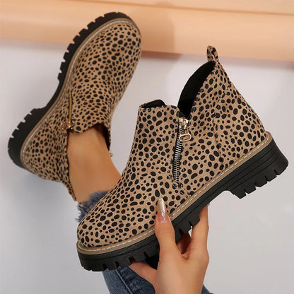 Fashion Leopard Ankle Boots for Women Plus Size 36-43 Zipper Up Booties Woman Spring Autumn Non Slip Platform Boots Mujer.