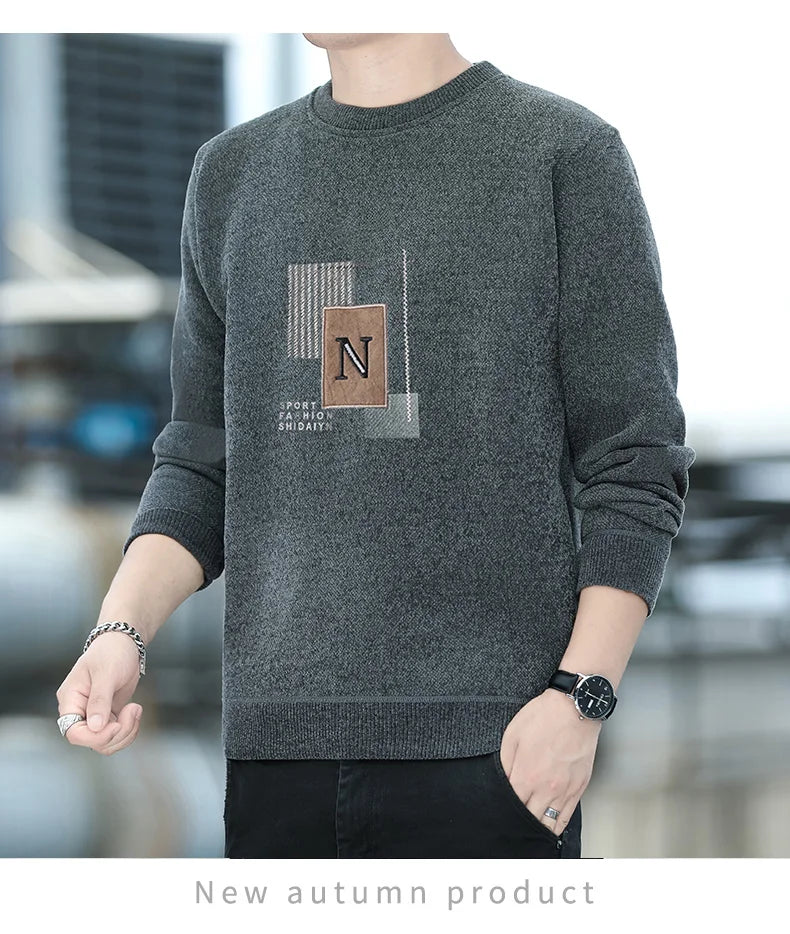 Autumn Winter Fashion Sweater Men's Round Neck Pullovers Fleece Thick Warm Jumpers Pattern Patchworked Men's Clothes