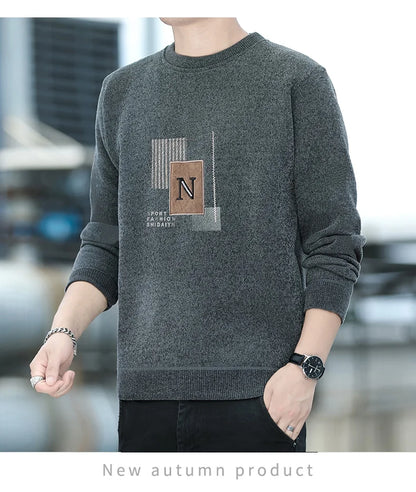 Autumn Winter Fashion Sweater Men's Round Neck Pullovers Fleece Thick Warm Jumpers Pattern Patchworked Men's Clothes