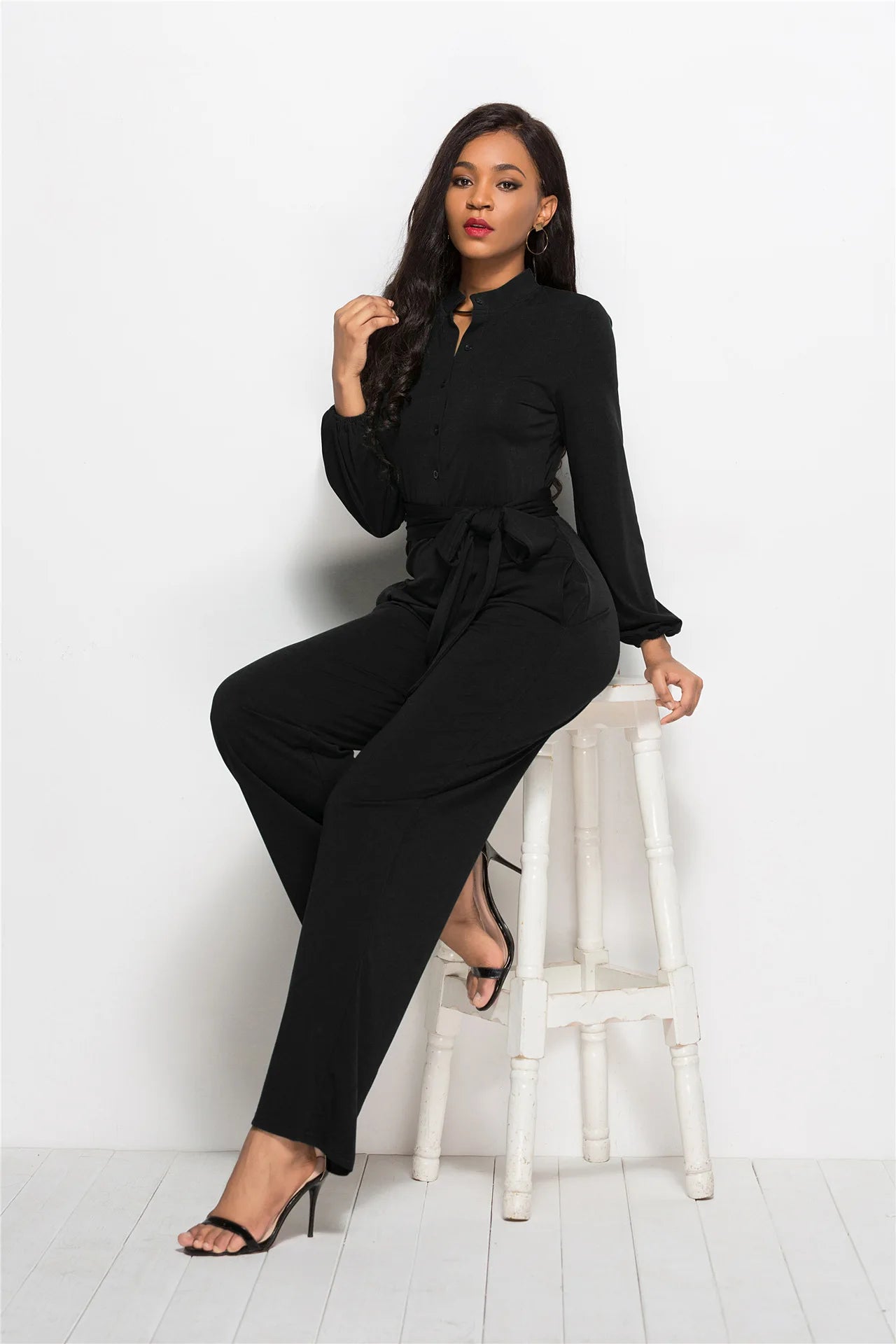 Temperament Solid Color Slim Jumpsuits Women Fashion Long Sleeve Buttons High Waist Leace-up Jumpsuit Ladies Commuting Clothing.