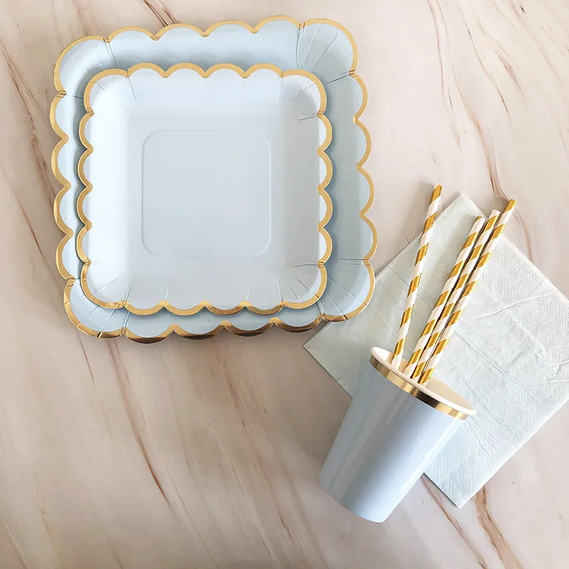 Gold Blue Party Disposable Tableware Paper Straw Cups Plates Napkins Baby Shower Favors Birthday Wedding Decor Party Supplies.