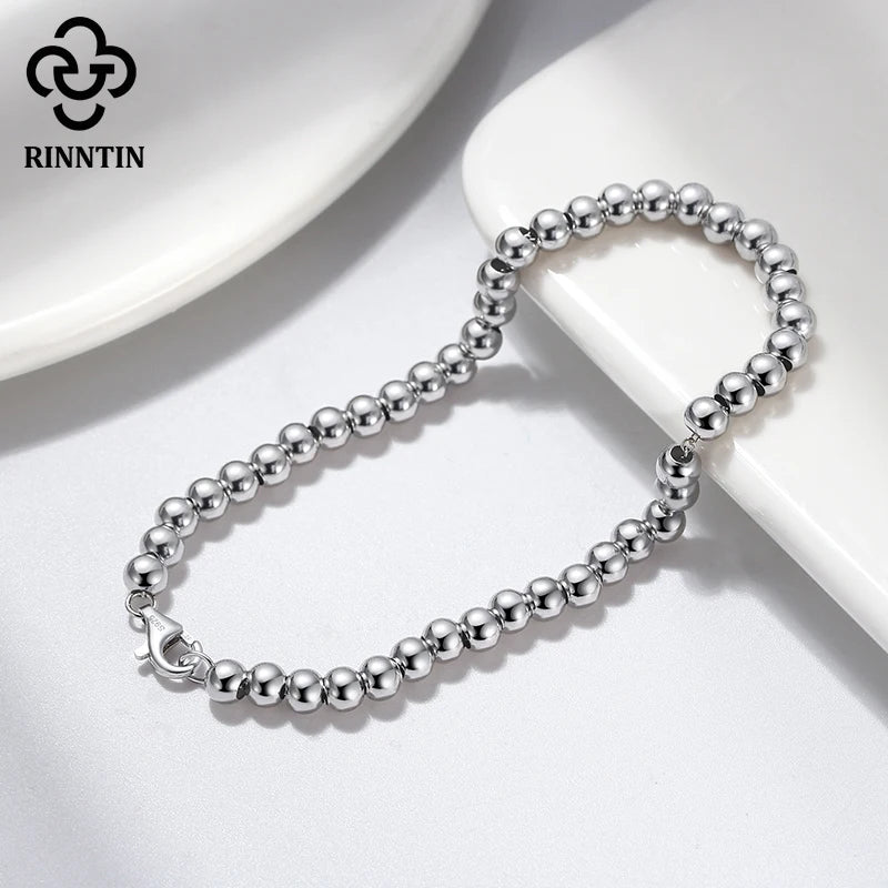 Rinntin 14K Gold 925 Sterling Silver 4mm Bead Ball Strand Chain Bracelet for Women Trendy Handmade Bracelets Jewelry SB103.