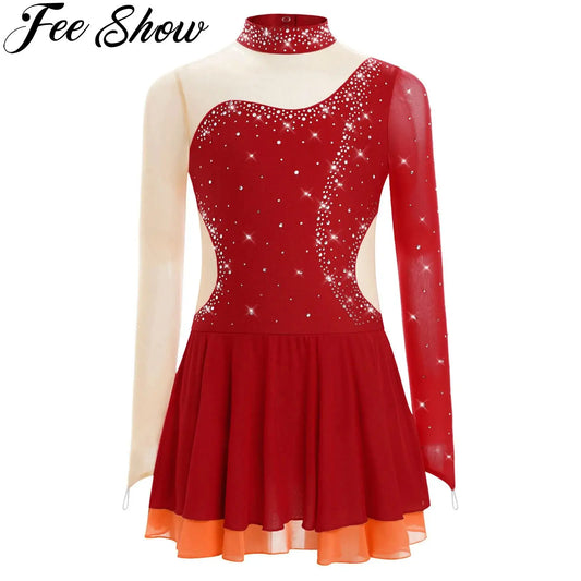 Kinder Mädchen Eiskunstlauf Kleid Lyrical Ballett Tanz Rhythmische Gymnastik Leistung Kostüm Langarm Strass Trikot.