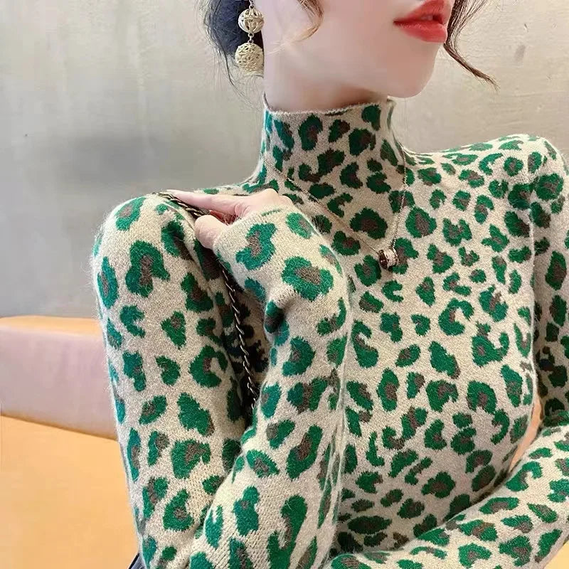 Herbst Winter Mode Alle-spiel Leopard Print Pullover Frauen Kleidung Elegante Dünne Halb Hohe Kragen Langarm Pullover Y2k top.