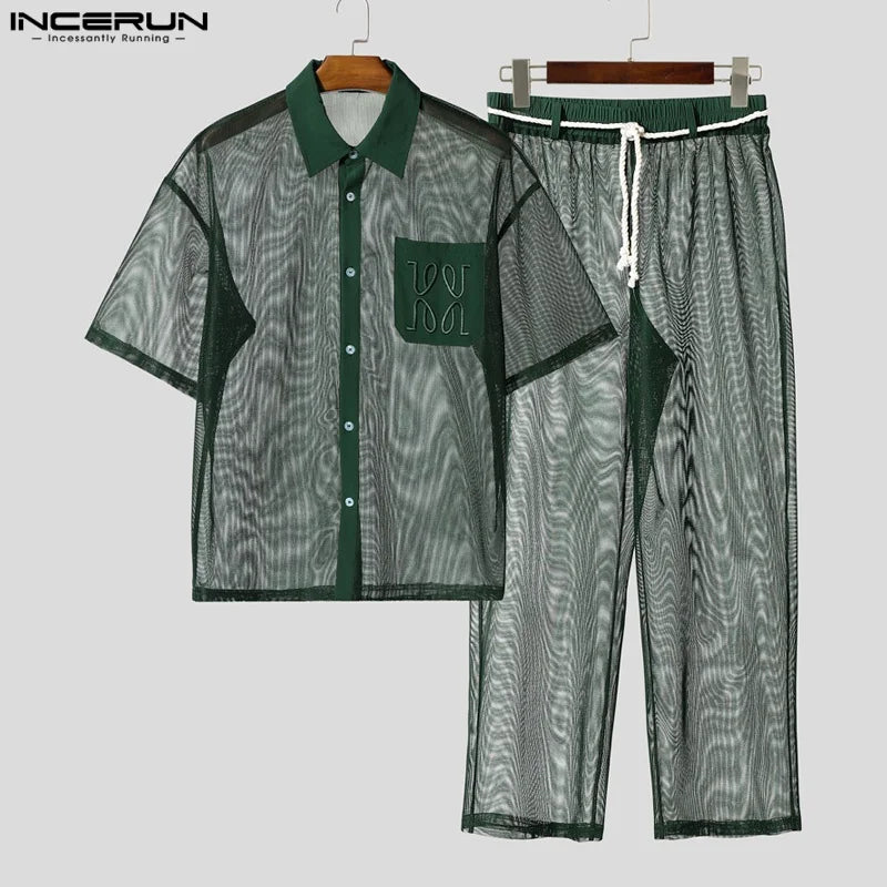 INCERUN Men Sets Mesh Patchwork See Through Sexy Short Sleeve Shirts & Pants Two Pieces Sets Streetwear 2025 Men's Casual Suits.