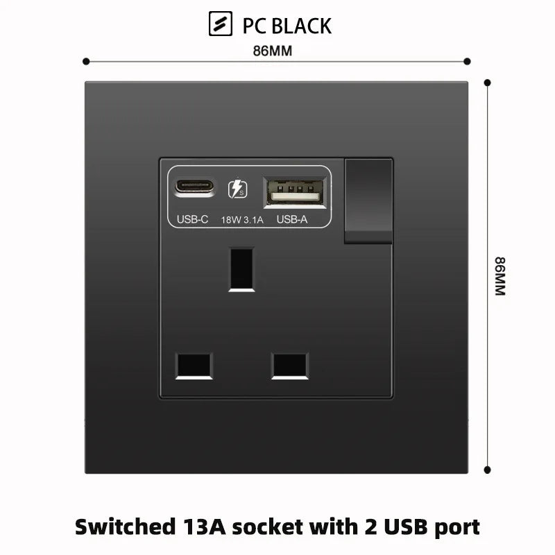 Schwarze UK 13A Wandsteckdose mit USB Typ C 18W Schnelllade-Steckdose, Wandsteckdose mit USB-Ladegerät, Schalter mit Steckdose
