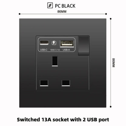 Schwarze UK 13A Wandsteckdose mit USB Typ C 18W Schnelllade-Steckdose, Wandsteckdose mit USB-Ladegerät, Schalter mit Steckdose