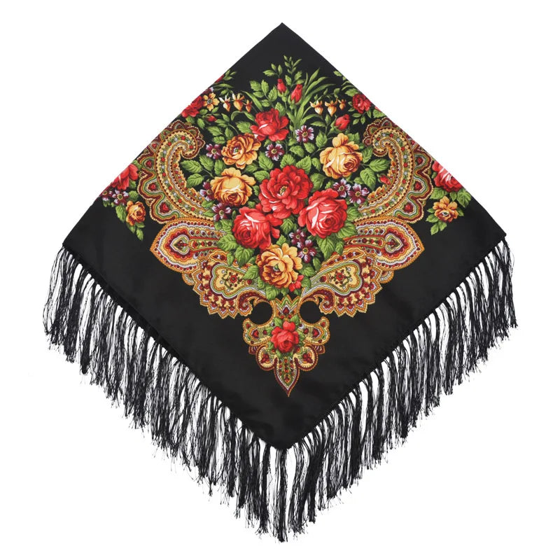 Women Luxury Floral Printed Russian Scarf Ukrainian Fringed Square Scarves Babushka Handkerchief Head Wraps Travel Shawl.