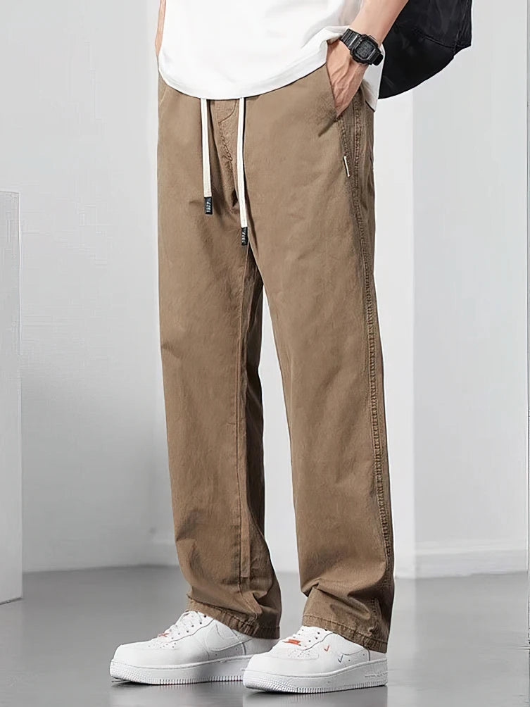 Straight Casual Cargo Pants Men Wide Leg Brown Long Cargo Business Work Trousers Drawstring Baggy Sweatpants Male.