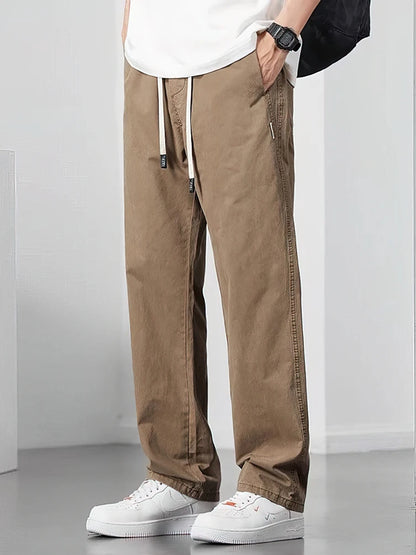 Straight Casual Cargo Pants Men Wide Leg Brown Long Cargo Business Work Trousers Drawstring Baggy Sweatpants Male.