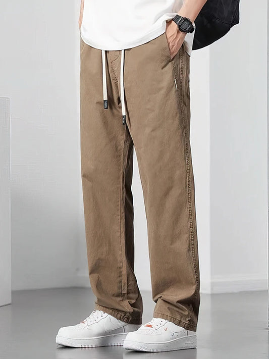 Straight Casual Cargo Pants Men Wide Leg Brown Long Cargo Business Work Trousers Drawstring Baggy Sweatpants Male.