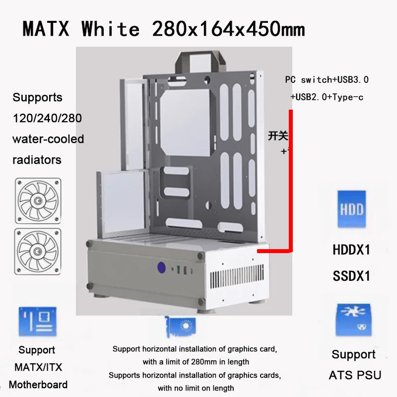 Open Type Computer Case Frame  Vertical Chassis Shelf ATX MOD DIY Desktop Gaming Gamer PC Cabinet Tower Gaming Support ATX/ MATX.