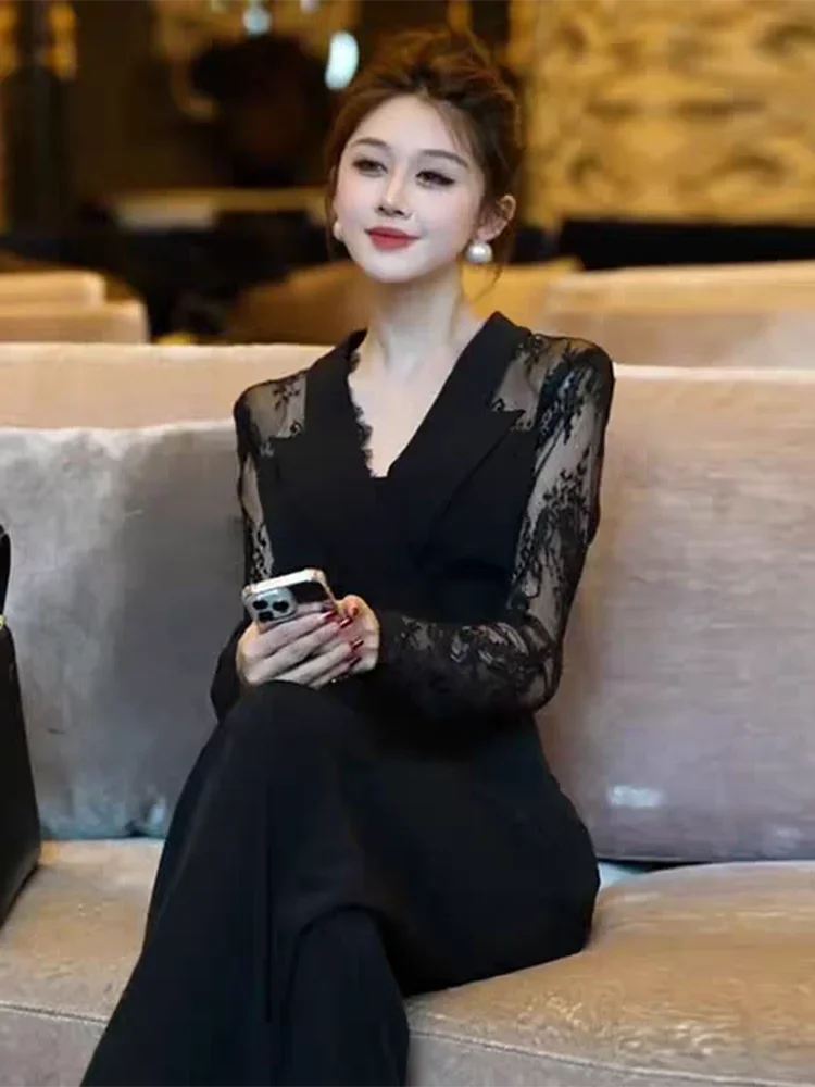 Luxury Elegant Lace Patchwork Black Jumpsuit Women Summer High Waist Long Sleeve Jumpsuits Combinaison Femme Overalls.
