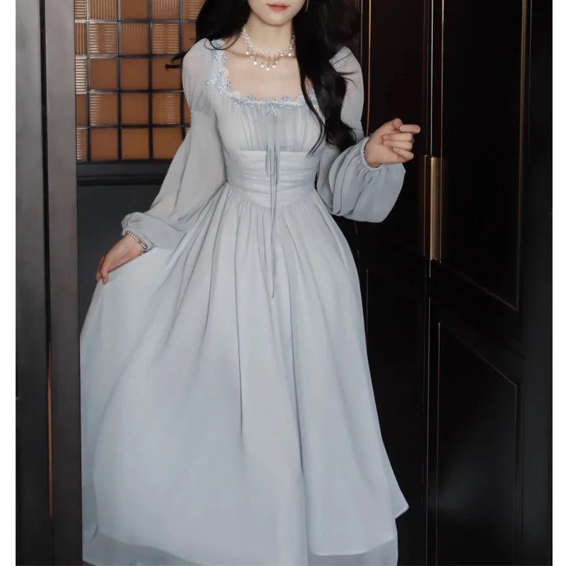 2024 Französisch elegante Prinzessin Abend party Midi Kleider für Frauen A-Linie schlanke Bandage Langarm Vestidos koreanische Frühlings kleidung.