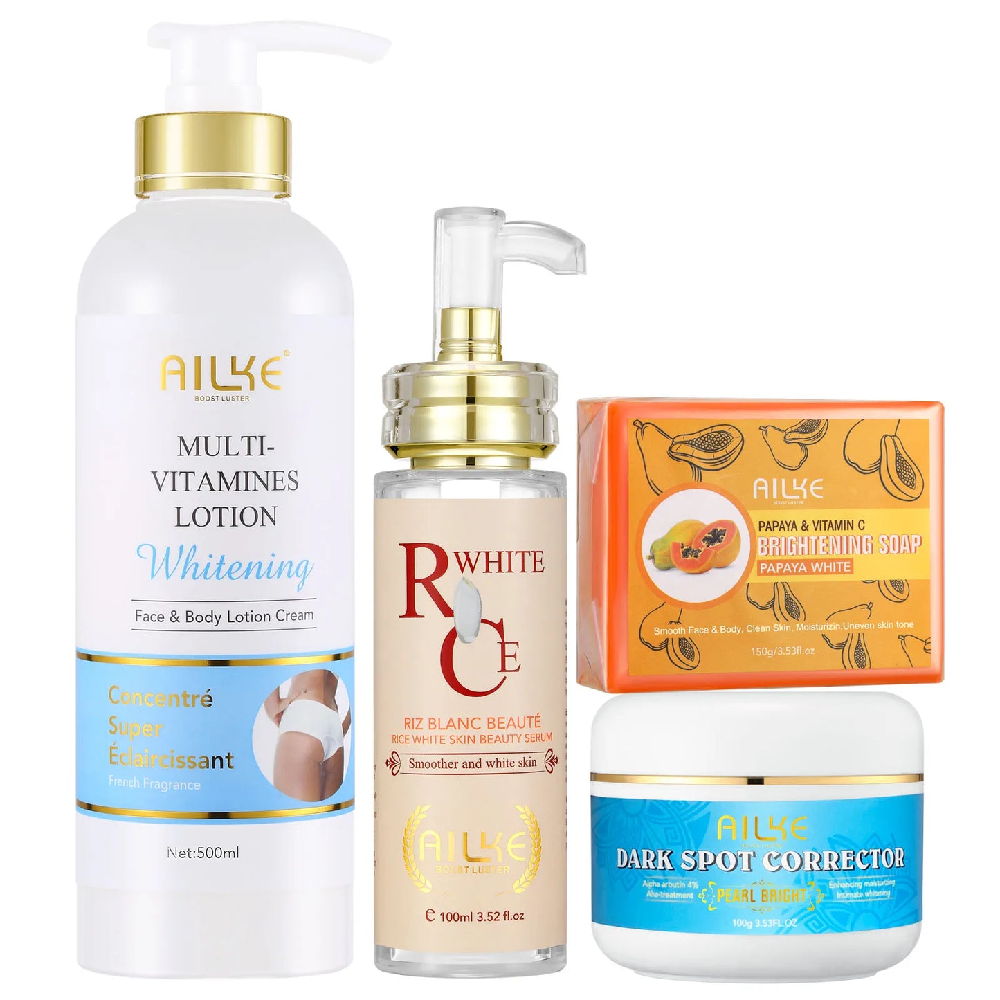 AILKE Natural Multi-Vitamin Lightening Skin Care Kit, Moisturize, Even Toning, Remove Dark and White Spots, Clean & Smooth Skin