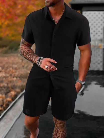 Lazy Street Style Vertical Stripe Slimming Shirt Shorts Two-piece Set No Need To Pair With Autumn Men's Thin Knit Sports Suit