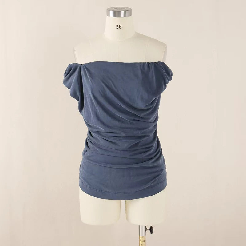 Women's Slim Top,Pleated Stretch One Shoulder Tank Top,Sexy Backless Swing Neck T-Shirt,High quality,Summer,New,2025.