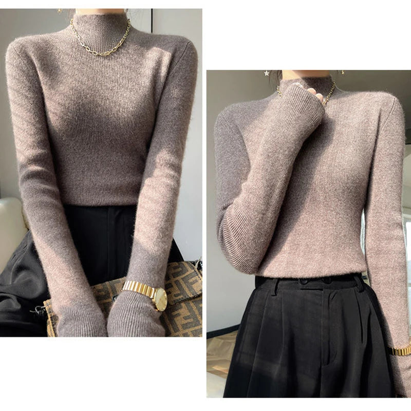 MEXZT Solide Pullover Frauen Hälfte Rollkragen Gestrickte Pullover Harajuku Koreanische Dicke Strickwaren Herbst Winter Mode Schlank Jumper.