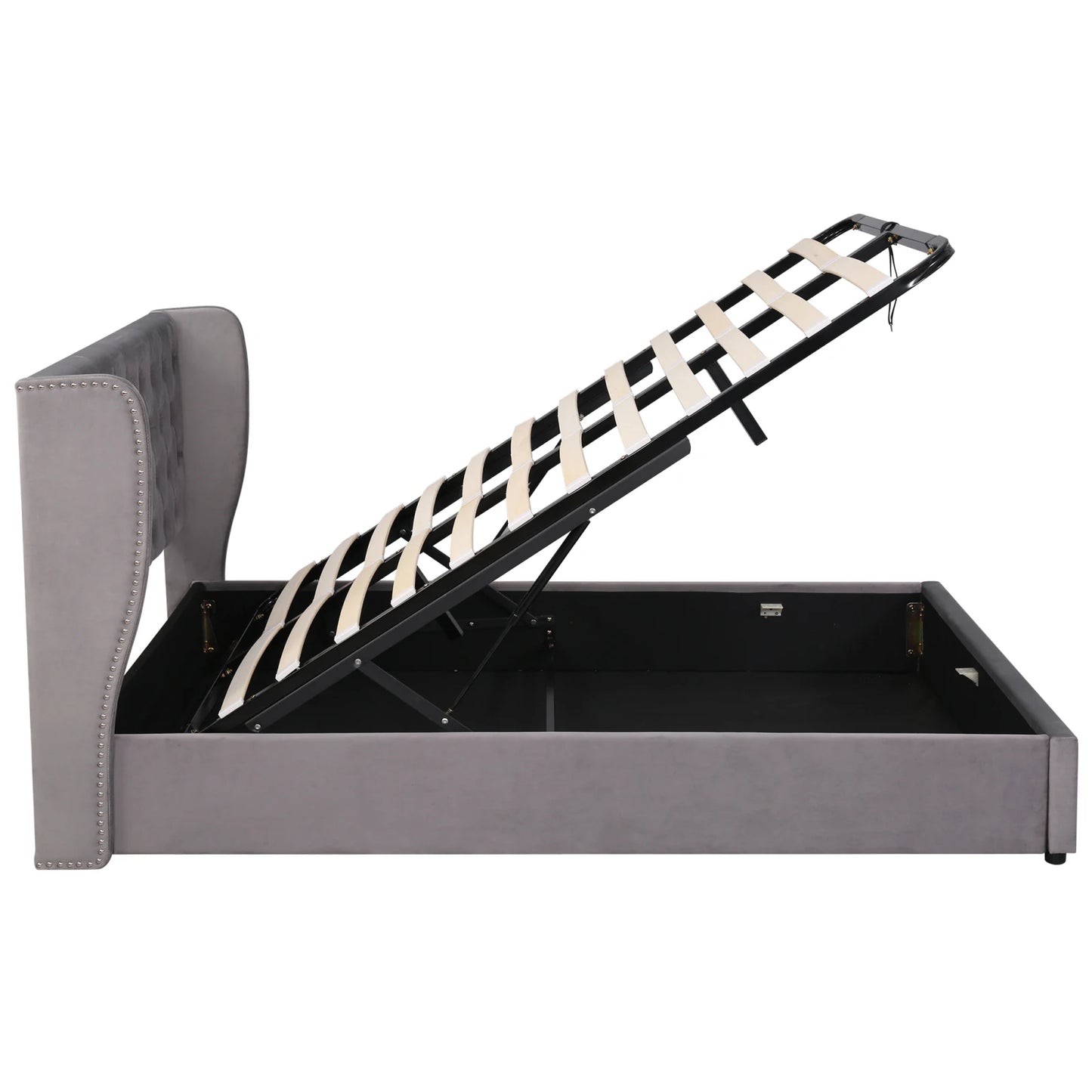 Fangange gepolstertes ohrenförmiges Bett, komplettes/Queensize-/King-/Doppelbett, hydraulisches Funktionsbett mit Lattenrost und Stauraum, Samt