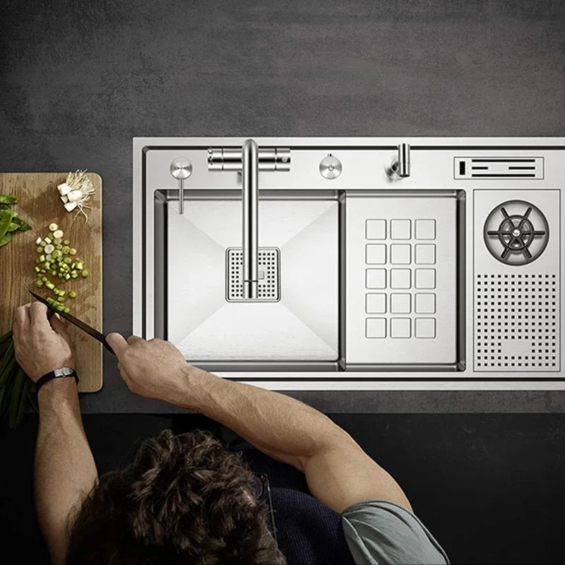 Large Size Nano Meter Cup Rinser Stepped Kitchen Sink 304 Stainless Steel 4mm Thickness Handmade Sinks With Knife Holder