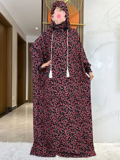 New Ramadan Muslim Two Hats Abaya Dubai Turkey Islam Prayer Clothes Floral Cotton Long Dress Islam Women Dress Kaftan